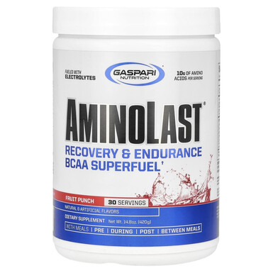 GASPARI, AMINOLAST® Recovery & Endurance BCAA SuperFuel – аминокислотный напиток для восстановления и выносливости, вкус «Фруктовый пунш», 30 порций